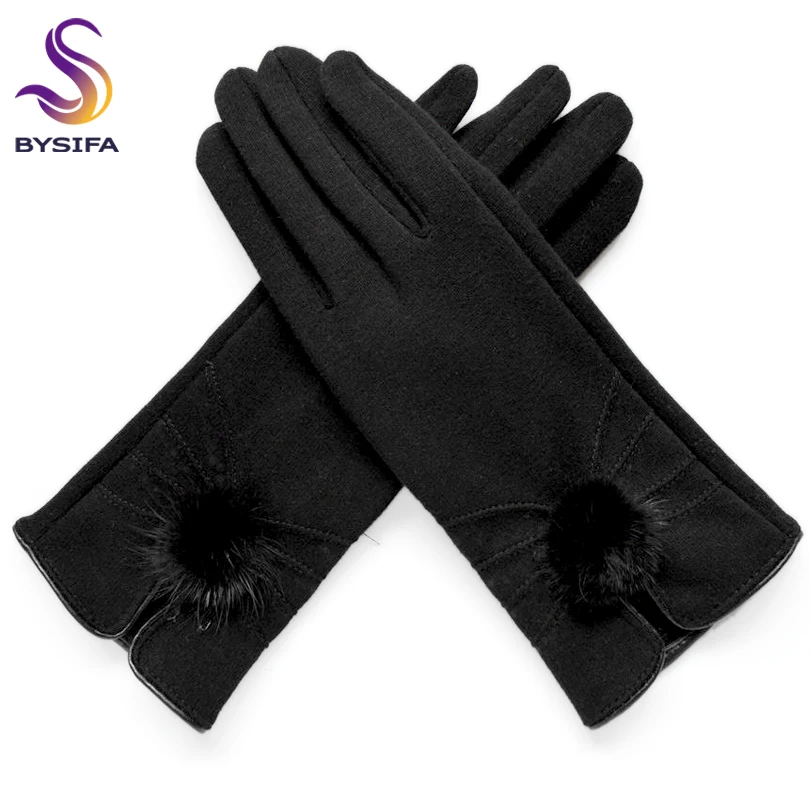 [BYSIFA] Women Mittens Gloves Winter Mink ball Wool Gloves Fashion Opening Design Ladies Gloves New Elegant Black Green Gloves