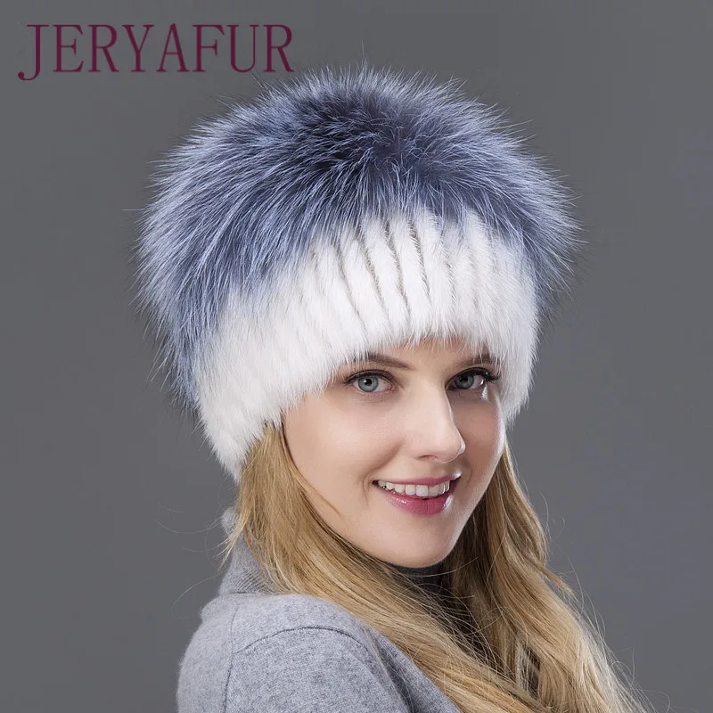 Hot Sale Fashion Mink Fox Hat Winter Warm Women Knitting Caps Mink Hats Vertical Weaving With FOX Fur On The Top