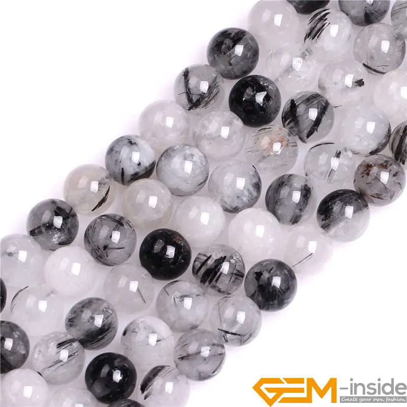 Natural Stone Black Rutilated Quartzs Bead For Jewelry Making Strand 15\