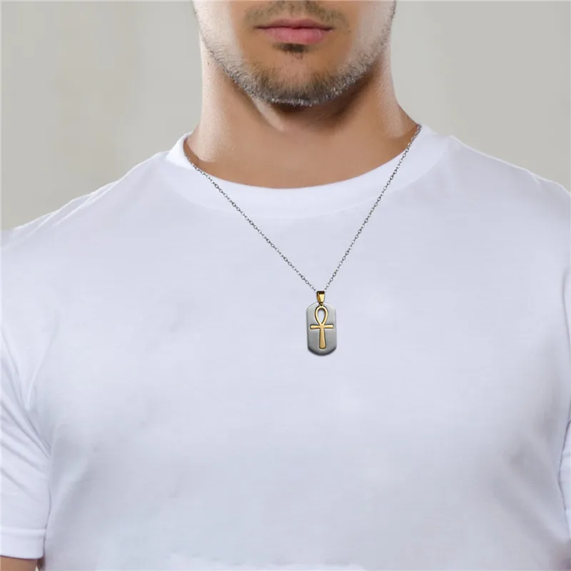 Boniskiss Mens Fashion Ancient Egyptian Ankh Dog Tag Pendant Stainless Steel Symbol of Life Necklaces  Amulet Jewelry Wholesale