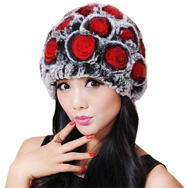 

IANLAN зимние женские шапки из меха кролика рекс, шапочки, женские шапки из натурального меха, шапки с цветочным дизайном и вязаной подкладкой IL00014