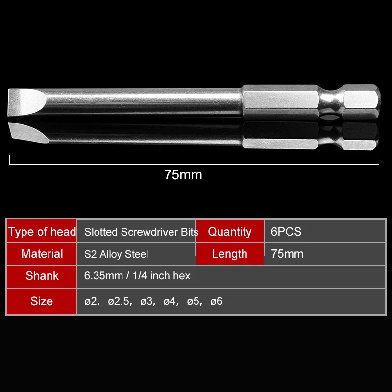 6Pcs S2 Alloy Steel Magnetic Screwdriver Set Slotted Head Screwdrivers Bits 75mm Screwdriver Set High Quality Hand Tools