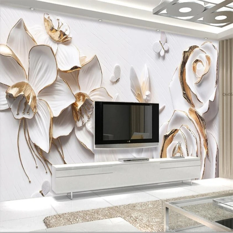 

wellyu 3D three-dimensional embossed white floral TV background wall custom large mural green silk cloth wallpaper