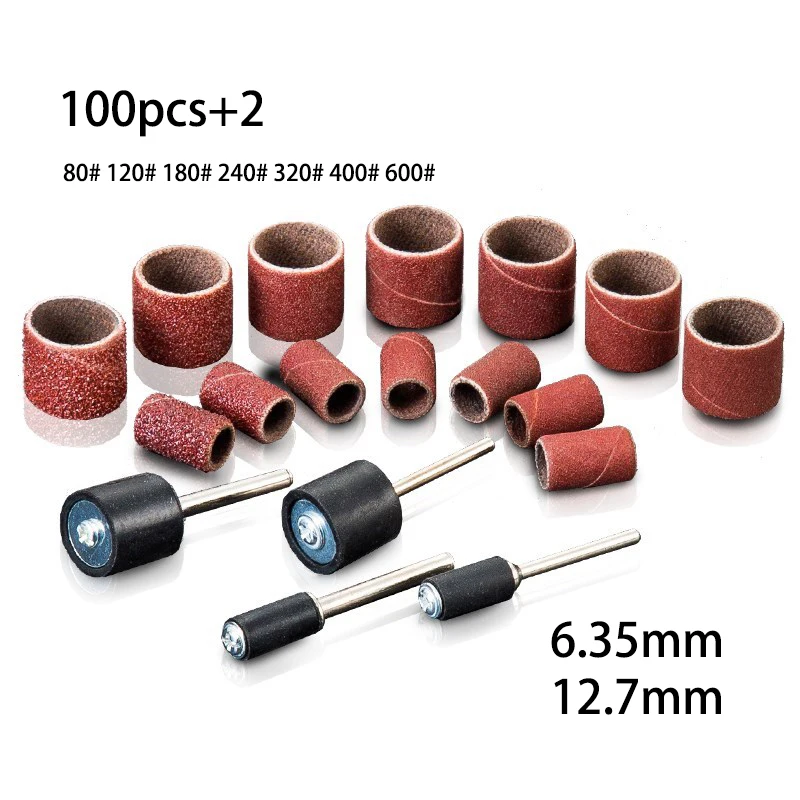 

100PCS Sanding Bands Band Drum Grit Sandpaper + 2 Mandrel For Sand Shape Groove Woods Fiberglass Dremel Rotary Tool