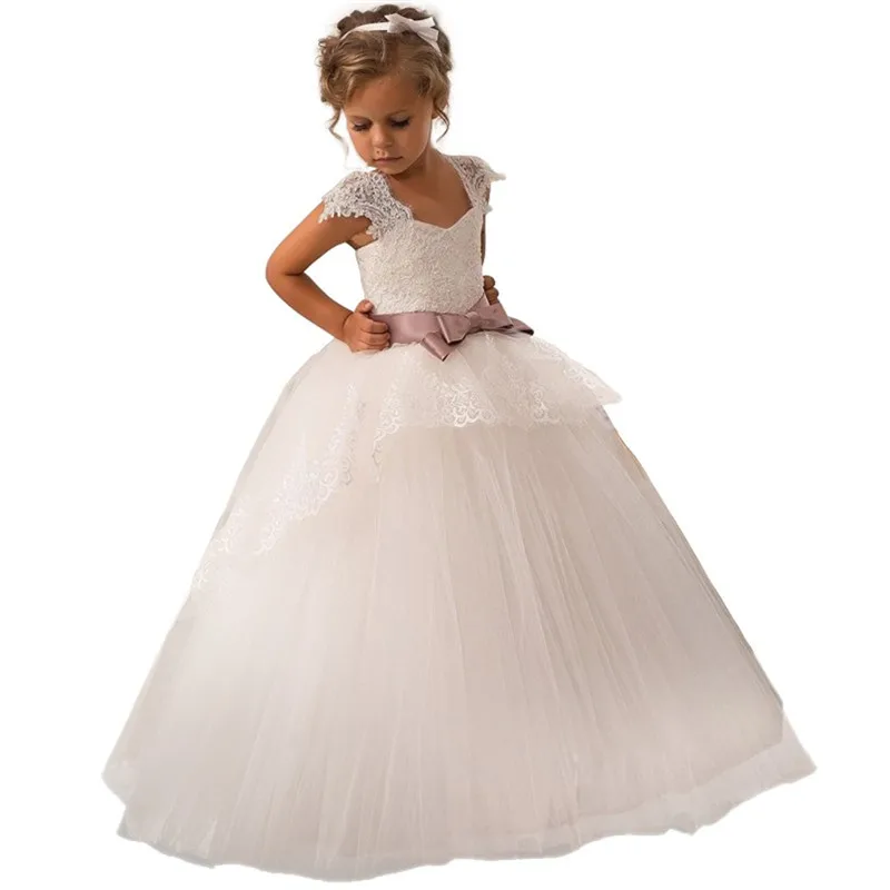 Lace Flower Girls Dresses for Wedding Ruffles Ribbon Bow Sash Girls First Communion Dresses Prom Party Gowns