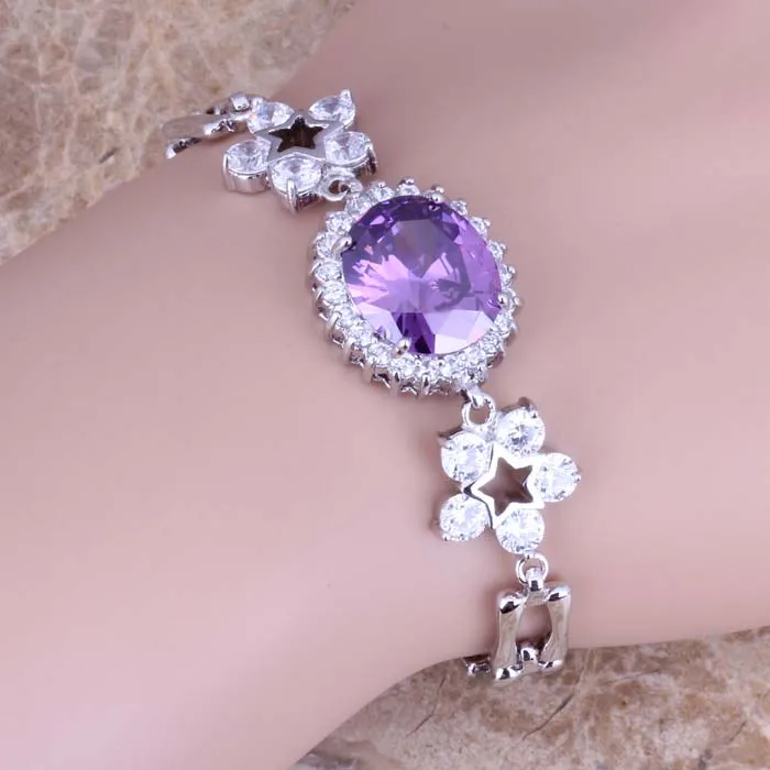 Flawless Purple Cubic Zirconia White CZ Silver Plated Link Chain Bracelet 7 - 8 inch S0665