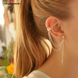 1piece Punk Rock Style Woman Young Gift Leaf Chain Tassel Earrings, Metallic Gold And Silver Jewelry Earrings Ear Clip Wholesale