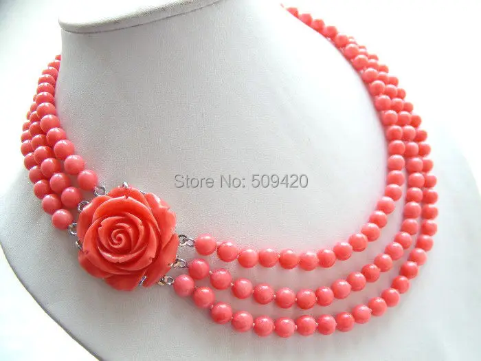 

W&O655 AMAZING 3row 18" 7mm round pink coral necklace