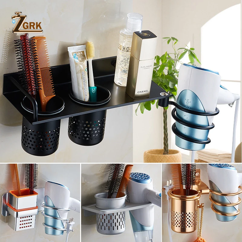 ZGRK Multi-function Bathroom Hair Dryer Holder Wall Mounted Rack Aluminum Hair Dryer Shelf Storage Organizer Bathroom Accessorie