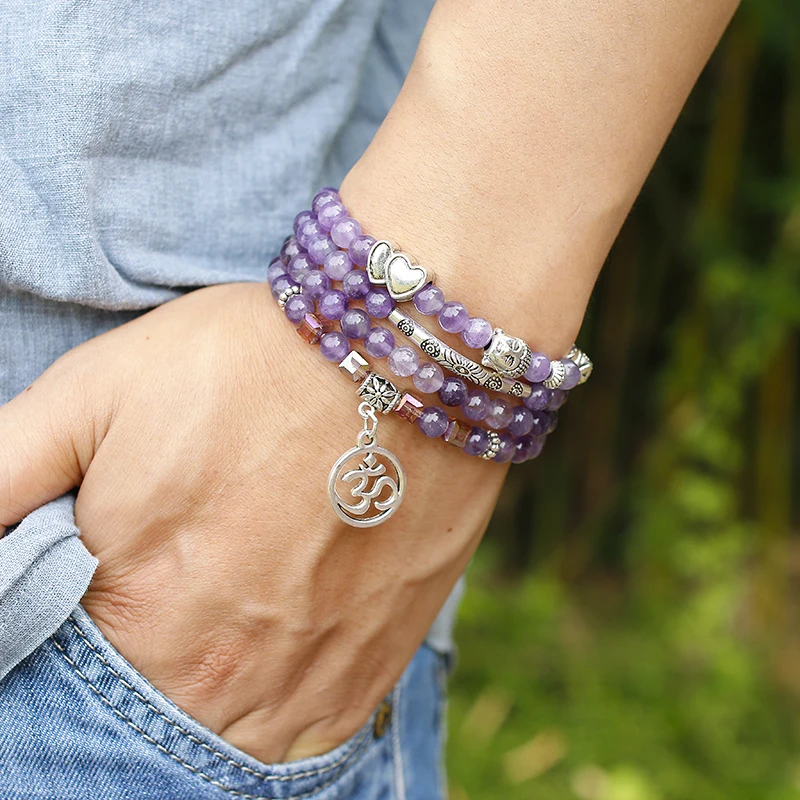 Natural Amethyst Purple Quartz Crystal 6mm Buddhist Buddha Meditation 108 Prayer Bead Mala Bracelet Women Necklace Jewelry