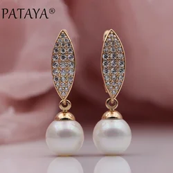 PATAYA New 585 Rose Gold Color Micro-wax Inlay Natural Zircon Shell Pearls Long Dangle Earrings Women Wedding Luxury Jewelry