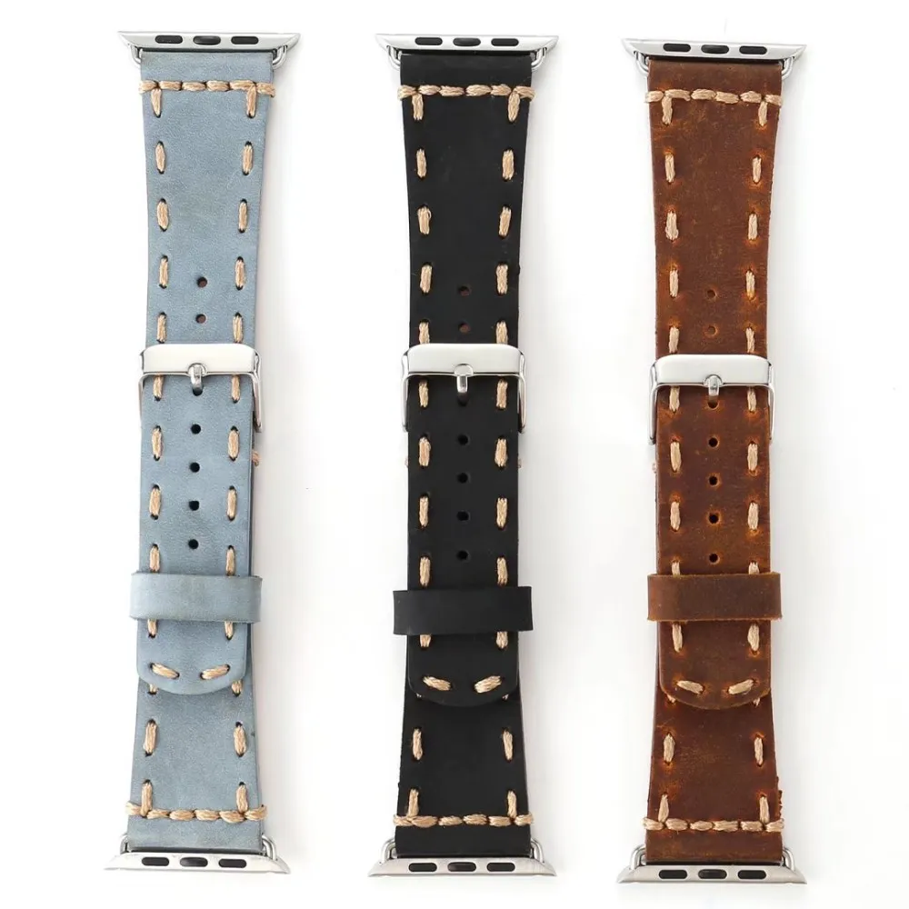 Vintage Handmade Genuine Leather Watch Band for Apple Watch Series 1/2/3/4/5/6 Strap Thread Bracelet iWatch 38/42mm 40/44mm Band