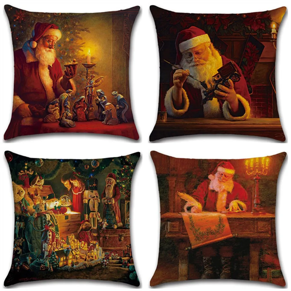 Pillow Cover  New Year Gift Santa Claus Pillow Cases Stug Snow Vintage Cushion Covers 45X45cm  Decor Sleigh Ride Seat Covers