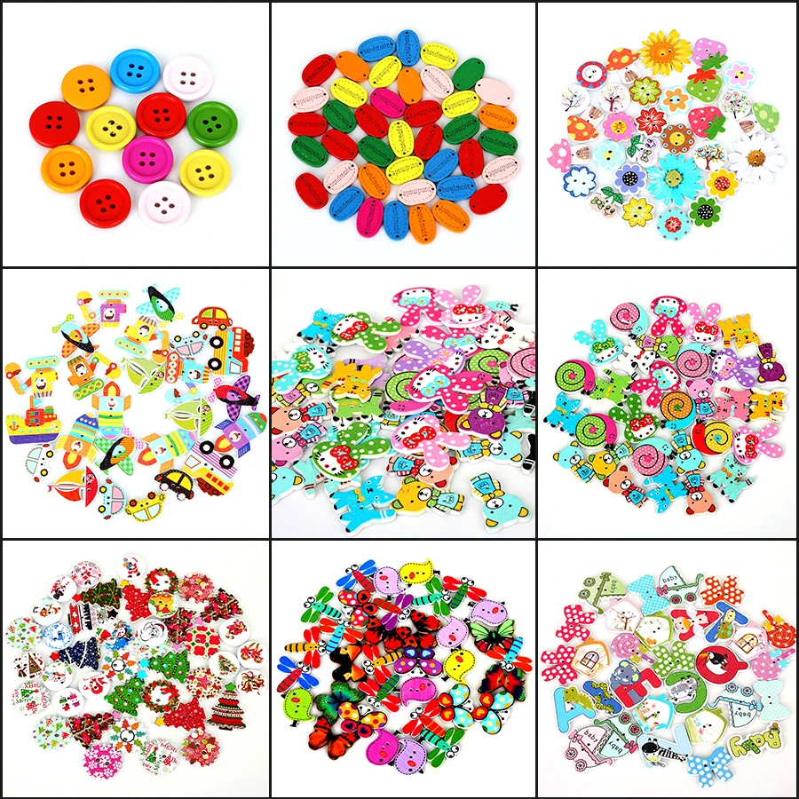 Colorful 50PCs Round/Animal Natural Wood Buttons Mix Shape Pattern Decorative Buttons 2-Holes Fit Sewing Scrapbooking Craft DIY