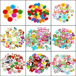 Colorful 50PCs Round/Animal Natural Wood Buttons Mix Shape Pattern Decorative Buttons 2-Holes Fit Sewing Scrapbooking Craft DIY