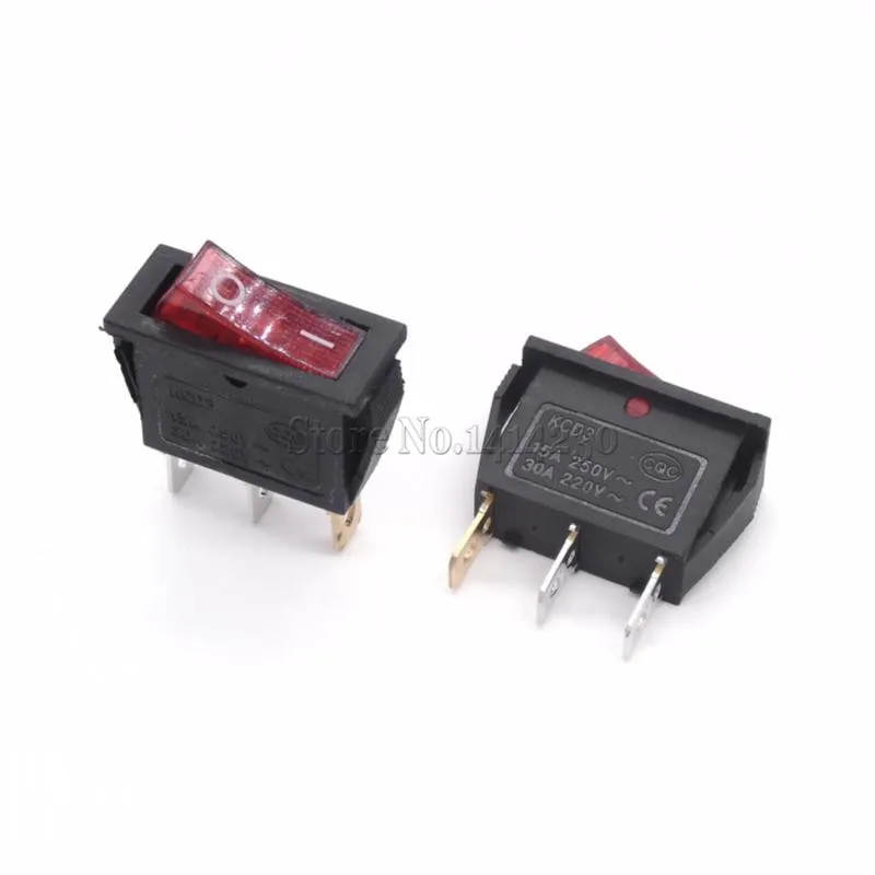 10Pcs Rocker Switch 15A 250V 30A 220VAC 3Pin With Red Light KCD3-102/N 15*32 mm Power Switch