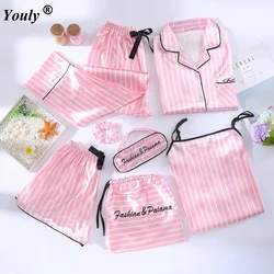 Women 7 pieces Pink pajamas sets satin silk lingerie homewear sleepwear pyjamas set pijamas female stripe printed Nightwear suit