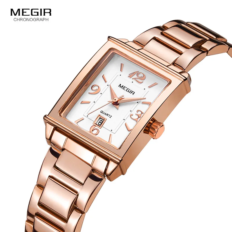 Megir Stainless Steel Bracelet Date Analogue Display Quartz Watch for Ladies Girls Luxury Simple Rose Gold Wristwatch for Women