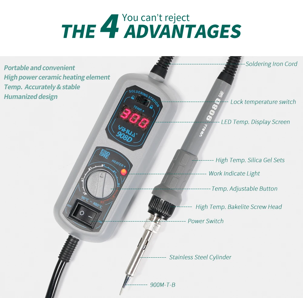 Yihua-ferro de solda original 908d com temperatura ajustável, 220v/110v., ferro de solda elétrica + 5 pontas + suporte + pinças + estanho.