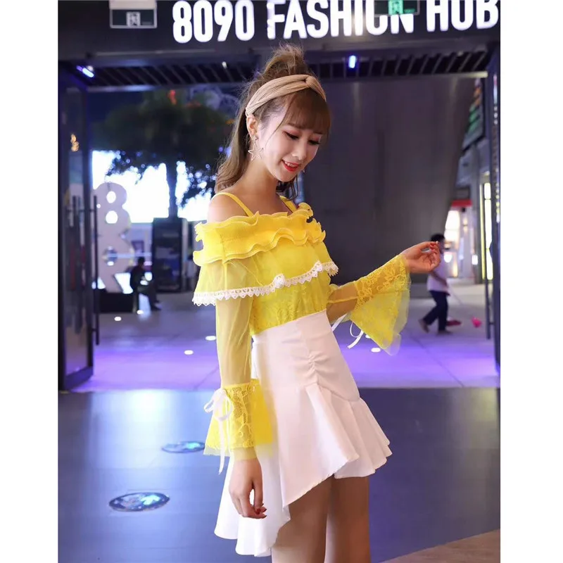 Mùa xuân Phụ Nữ Dài Tay Áo Lưới Áo Ngọt Ngào Hoa Slash Cổ Ren Áo Sơ Mi Nữ Bow Hollow Out Ruffles Áo Ngắn Tops AB1385