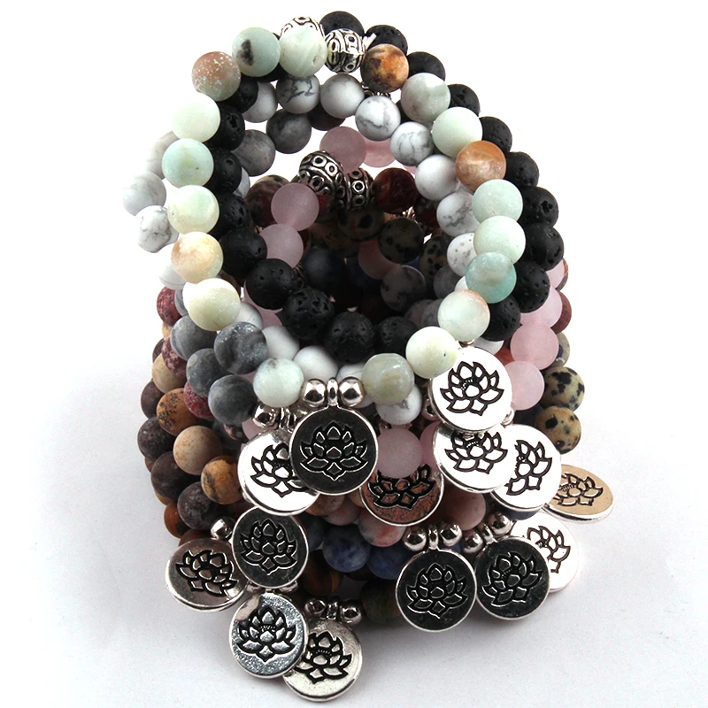 Free Shipping Fashion Beautiful 8mm Natural Stone Wrist Mala Lotus/OM /Buddha Charm Yoga Bracelet 30pc/lot