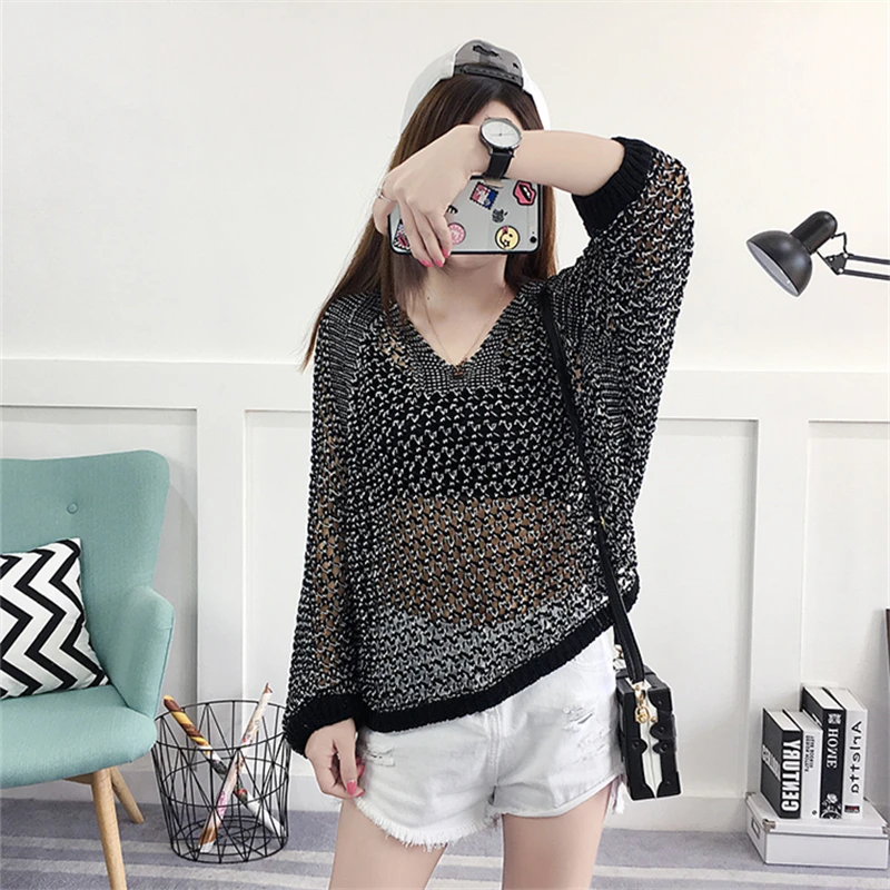 Casual Loose Korean Style Women Tops Hollow O-neck Long Sleeve Jumper Ladies Pullover Casual Casual Female Knit Sweater