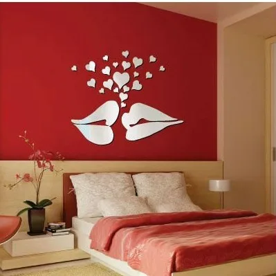 Free shipping   removeable kiss acrylic  mirror sticker with 28pcs heart  , 3D wedding wall mirror sticker