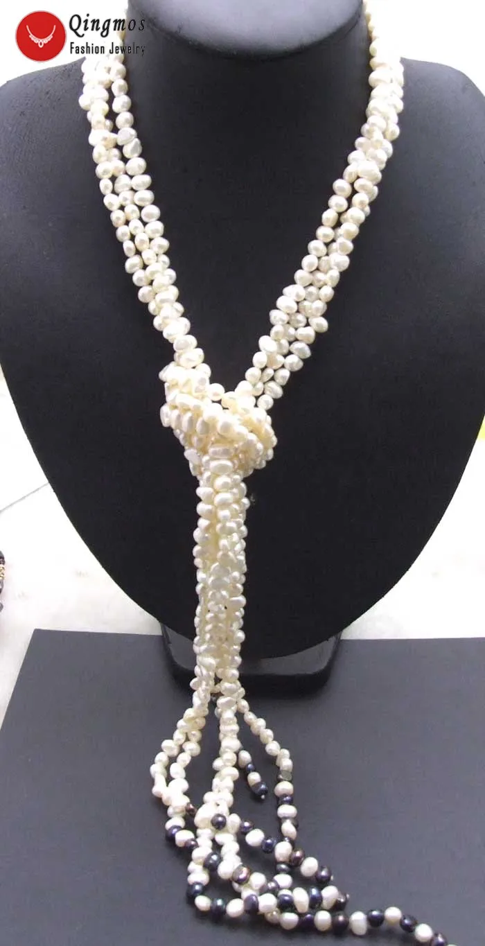 

Qingmos Trendy 3 Strands 45" Long Natural Pearl Necklace for Women with 6-7mm White Baroque Pearl Necklace Fine Jewelry nec5779