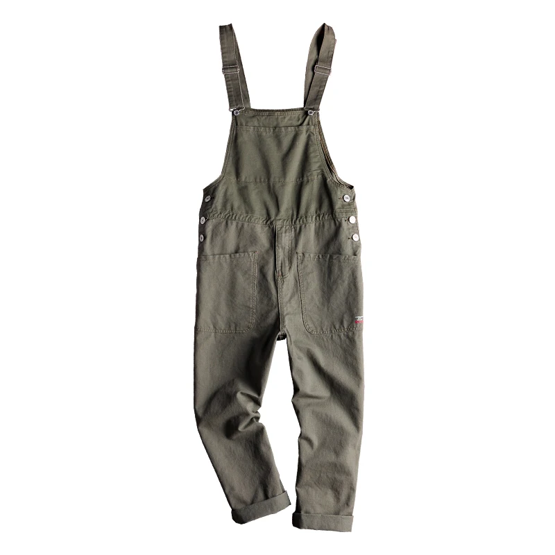 Men\'s loose big pockets cargo bib overalls Casual coveralls Suspenders jumpsuits Khaki Army green pants