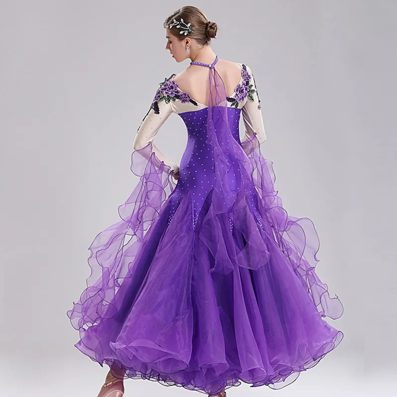 

Purple Long Sleeves Rhinestones Ballroom Dance Competition Dresses Viennese Waltz Dress Foxtrot Dance Dresses Standard Dress