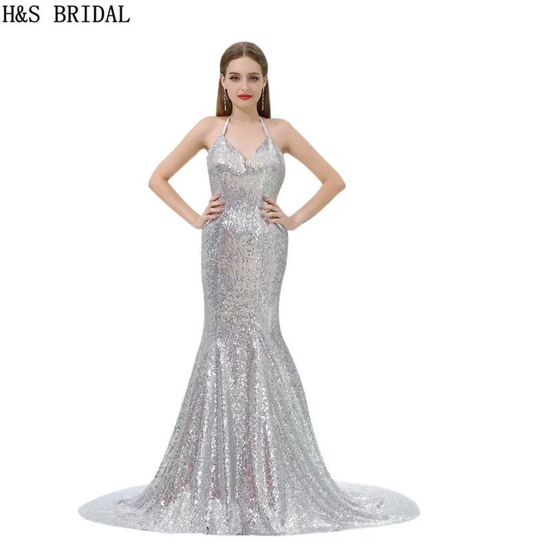 

H&S BRIDAL Halter Sliver Sequin mermaid evening dress long Sexy Backless Cheap evening gown V Neck robe de mariee