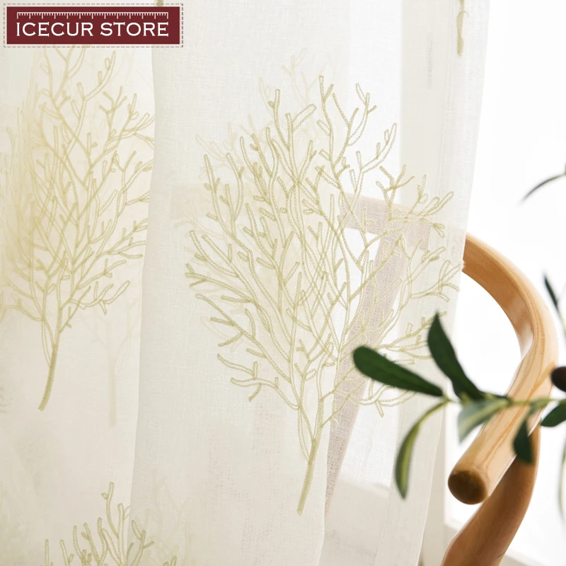 ICECUR Delicate Plant Embroidered Voile Tulle Curtains for Living Room Bedroom Finished Home Window Blinds Tulle Curtains Drapes