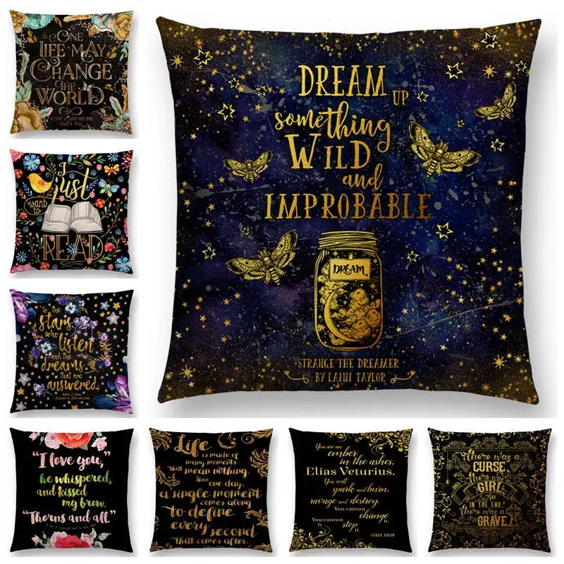 Newest Beautiful Language Black Golden Letters Cushion Cover Story Text  Sofa Throw Pillowcase