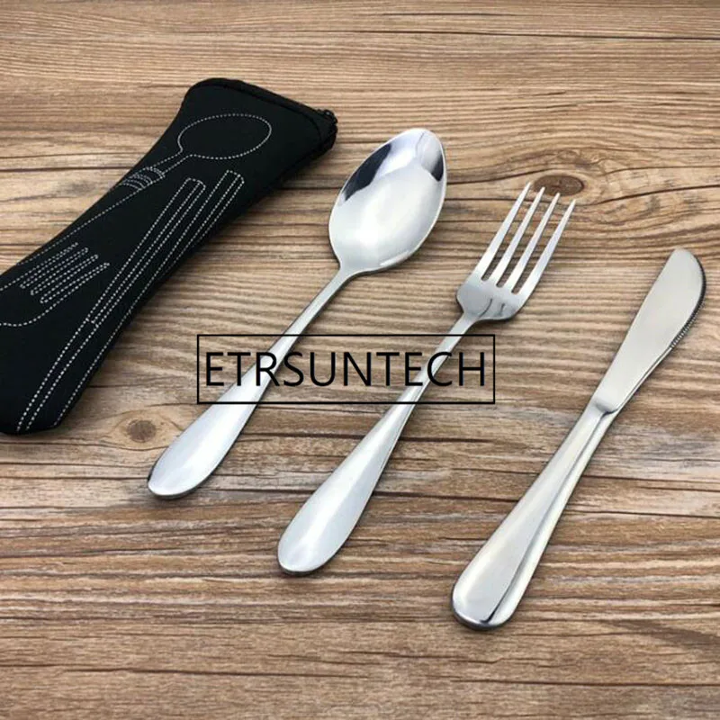 50sets Stainless Steel Cutlery Set Dinnerware Sets Outdoor Portable Tableware Set with Cloth Bag Lunch Tools