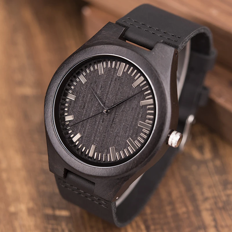 BOBO BIRD WD26 Mens Design Brand Luxury Black Wooden Watches Real Leather Quartz Watch for Men Natural Ebony Wood Drop Shipping