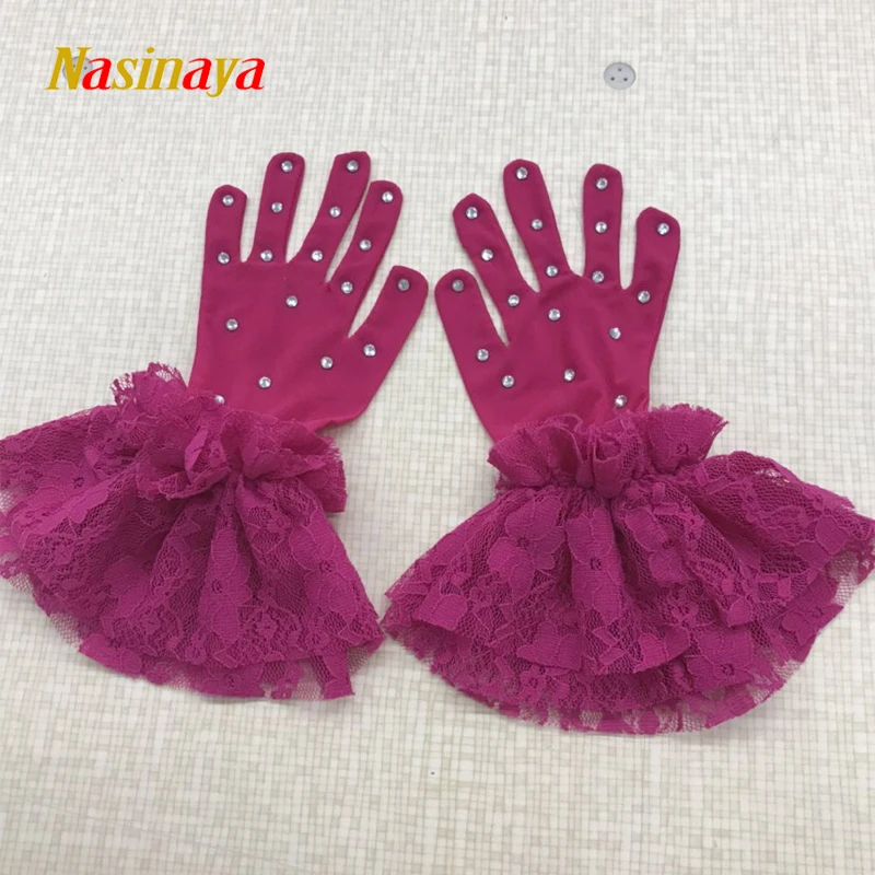 Nasinaya Children's Figure Skating Competition Wrist Gloves Adult Mittens Mesh Fabric Protects Hands Shiny Rhinestone Lace