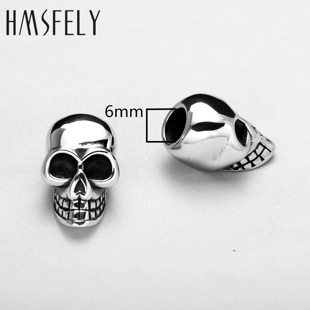 HMSFELY 316l Stainless Steel Skull Head Beads Accessories For DIY Leather Bracelet Jewelry Making 6mm 8mm Hole Size Bead 5pcs