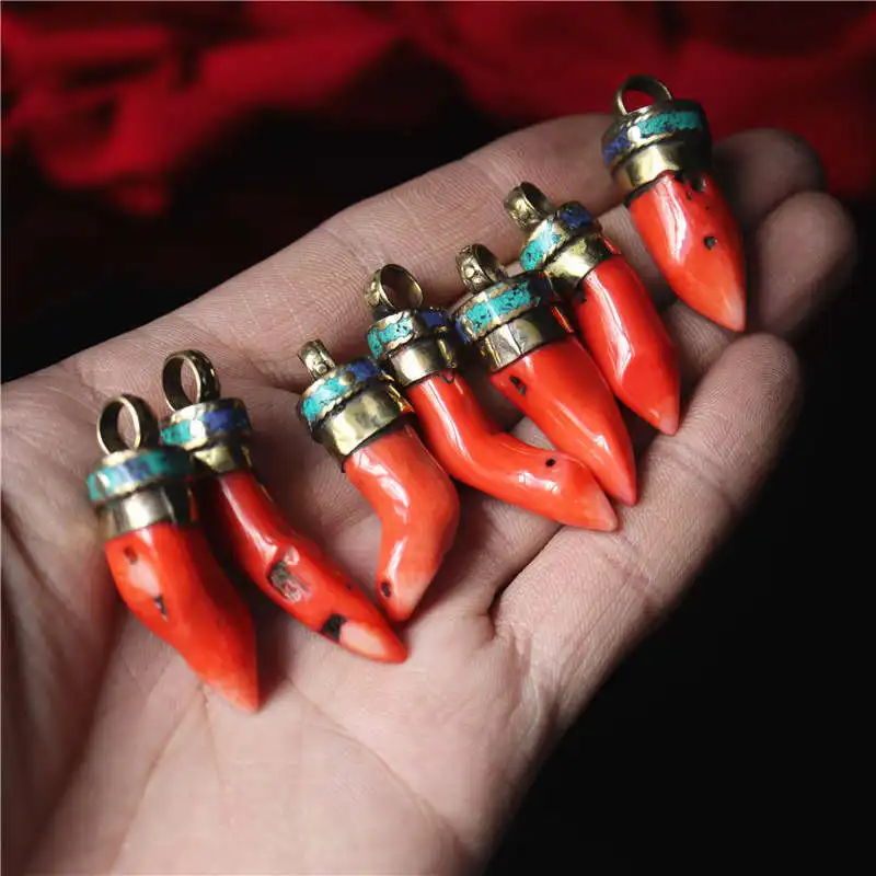 TBP635 Nepal Brass Capped Dyed Bamboo Coral Nuggets Chili Hot Pepper Pendants