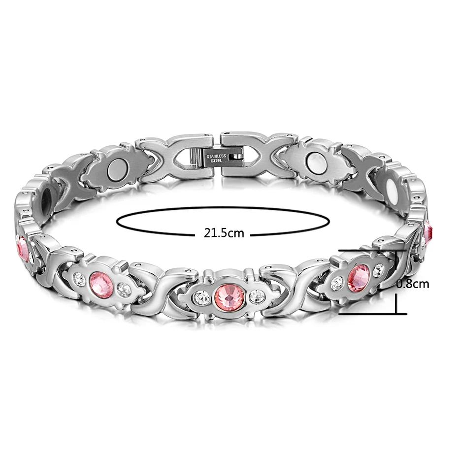 WelMag Trendy Magnet Bracelets For Women Charm Stainless Steel Bracelet Germanium Fir Magnetic Link Chain Pink Crystal Bracelet