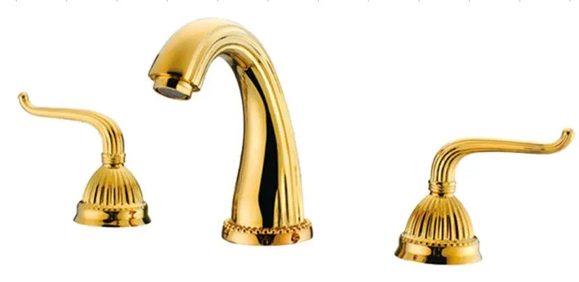 FREE SHIP gold colour 3 Pcs classic widespread bathroom lavatory sink faucet mixer tap lever handles deck mounted