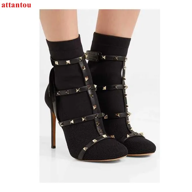 Elastic Woman's Ankle Boots Autumn Knitting Woolen Black Short Boot Cool Rivet Thin Heel Female shoes Patchwork Party Show Dress