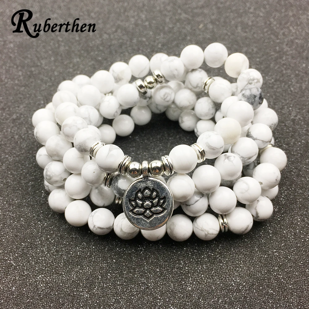 

Ruberthen Designed Womens Bracelet 108 Mala Howlite Lotus Bracelet or Necklace High Quality Yogi Jewelry Gift for Women