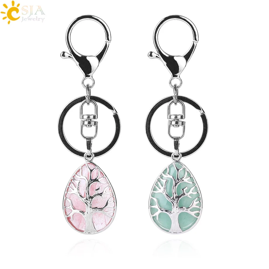 CSJA Fashion Water Drop Keychains Key Ring Key Holder Reiki Natural Gem Stone Tree of Life Pendant for Car Motorcycle Bag F400