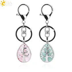 CSJA Fashion Water Drop Keychains Key Ring Key Holder Reiki Natural Gem Stone Tree of Life Pendant for Car Motorcycle Bag F400