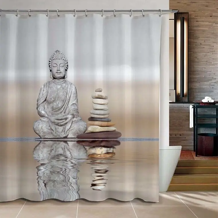 Buddha & Pebble Reflection Design Shower Curtain Bathroom Waterproof Mildewproof Polyester Fabric With 12 Hooks 180cm*180cm