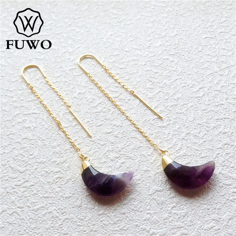 

FUWO Wholesale Natural Amethysts Threader Earrings,Golden Plated Crescent Purple Crystal Jewelry For Women 5Pairs/Lot ER149