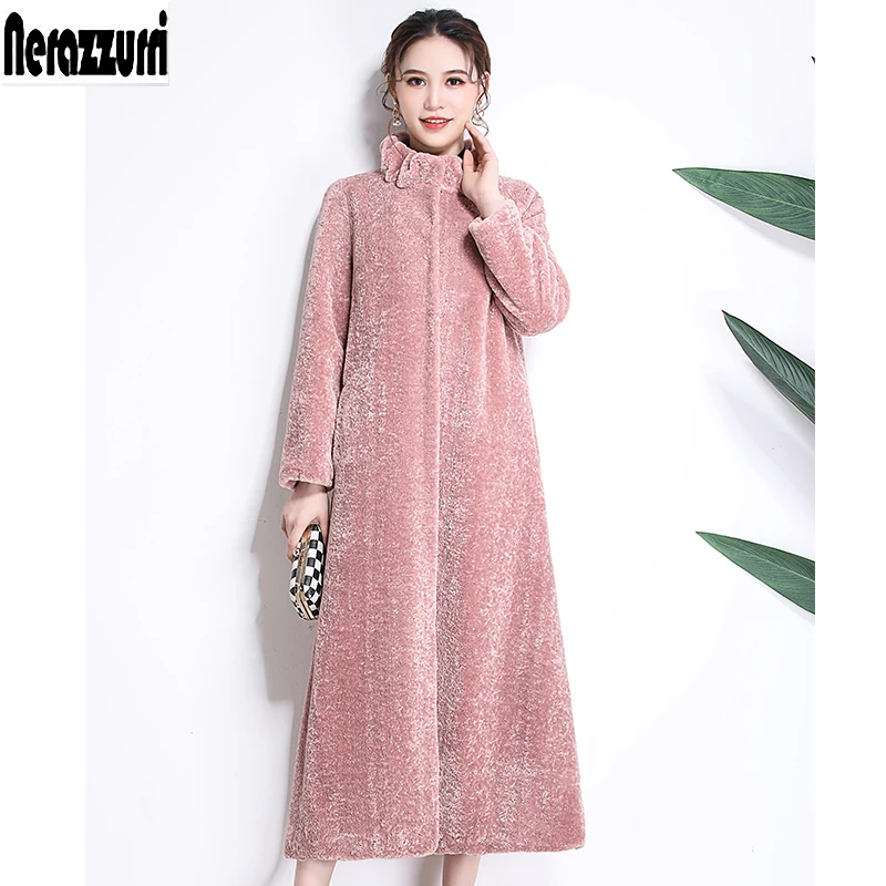 

Nerazzurri Winter Fluffy Warm Soft Faux Fur Coat Women Fashion Casual Extra Long Fake Lamb Fur Overcoat Outerwear 5xl 6xl 7xl