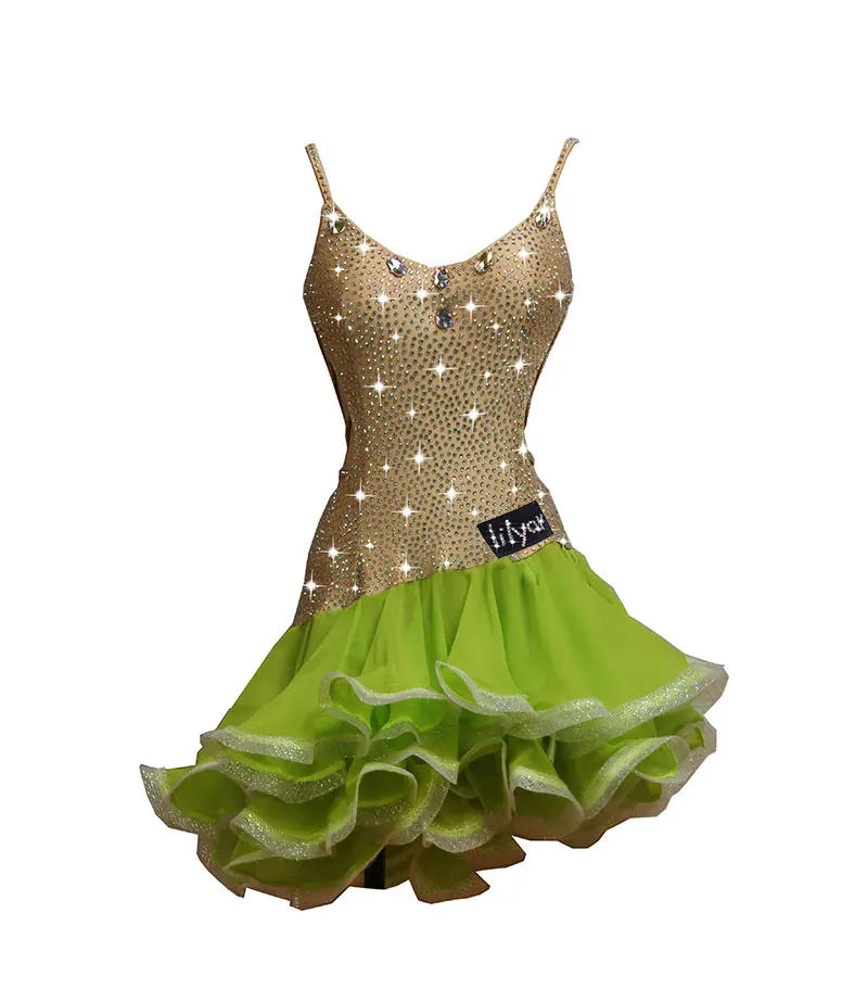 Customized Latin dance costume, performance dress, competition dress, suspender, fluorescent fishbone skirt