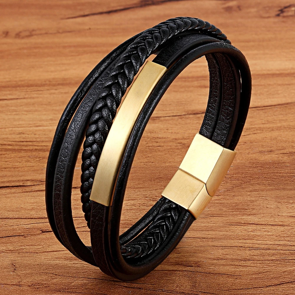 TYO Brand Punk Classic Braided Design Men Leather Bracelet Stainless Steel Magnetic Clasp Charms Fashion Bangles 3 Size Choose