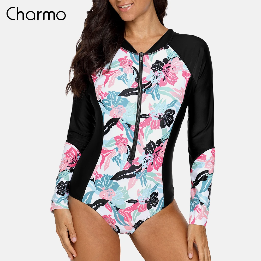 

Charmo Women Long Sleeve Zipper Rashguard One-piece Swimsuit Swimwear Surfing Top Rash Guards UPF50+ Running Wear Biking Shirt